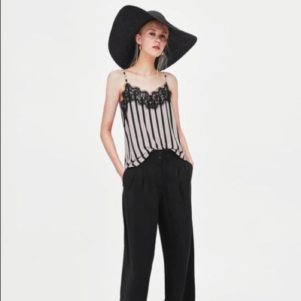 Zara Black White Cami Top Striped Lace Detail Size Small